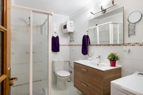 a bathroom with a toilet and a sink and a shower at Casa Carmen in Puerto del Carmen