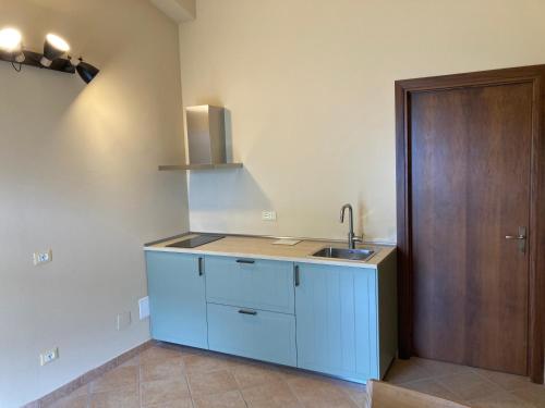 cocina con fregadero y puerta de madera en Le Giuncaie - Vigna con alloggio, en Montescudaio