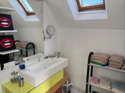 a bathroom with a white sink and a mirror at Jolie maison de ville avec terrasse et jardin in Warcq