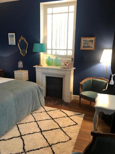 a bedroom with a bed and a fireplace and a window at Maison de la Comtesse in Cosne-dʼAllier