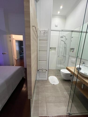 e bagno con doccia, servizi igienici e lavandino. di Apartment Feel Good a Zagabria