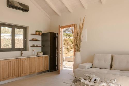 - un salon avec un canapé et un lavabo dans l'établissement Spathes Suites Kefalonia - Luxury Suites, à Ratzaklíon