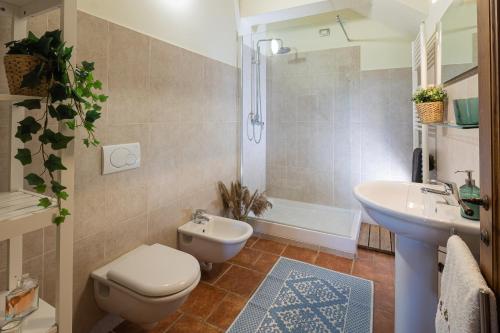uma casa de banho com um WC, um lavatório e um chuveiro em Toscana Amore Mio, stunning view & 14min Volterra em Montecatini Val di Cecina