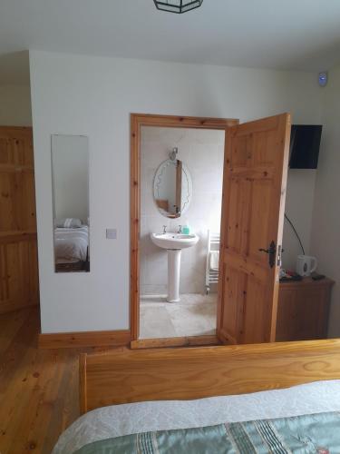 a bathroom with a mirror and a sink in a room at Golden Rose House in Knock