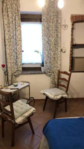 sala de estar con 2 sillas y ventana en Camera Privata Orchidea en Castellero