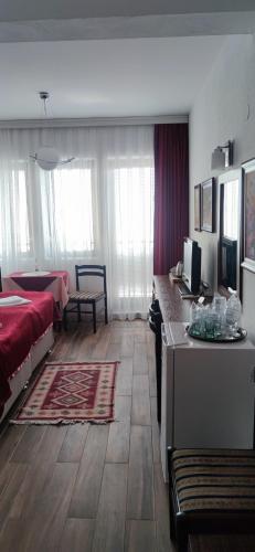 a living room with a bed and a table in a room at Villa Malezan in Ohrid