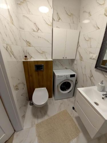 łazienka z toaletą i pralką w obiekcie Apartament Green Park 2 w Starogardzie Gdańskim