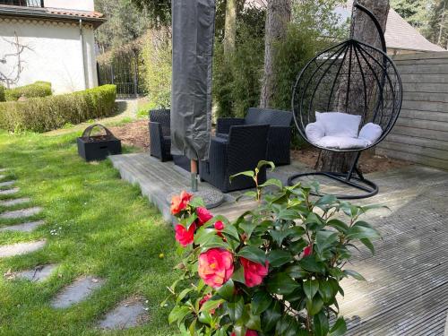 a swing and a bush with red roses in a yard at B&B Monroe in Averbode