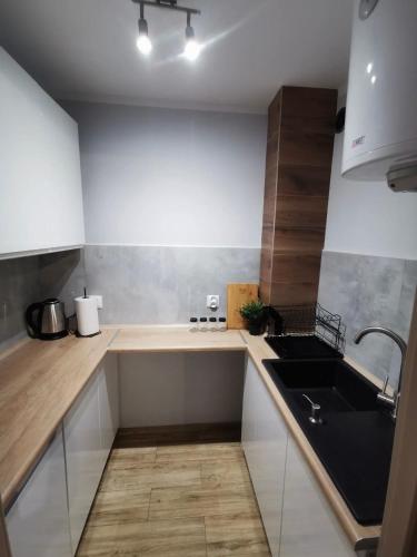 una cocina con armarios blancos y fregadero negro en Apartament położony u podnóża Gór Bardzkich, en Bardo