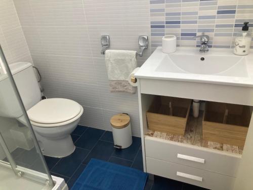 La salle de bains est pourvue de toilettes et d'un lavabo. dans l'établissement Can Carlota, à San Pol de Mar