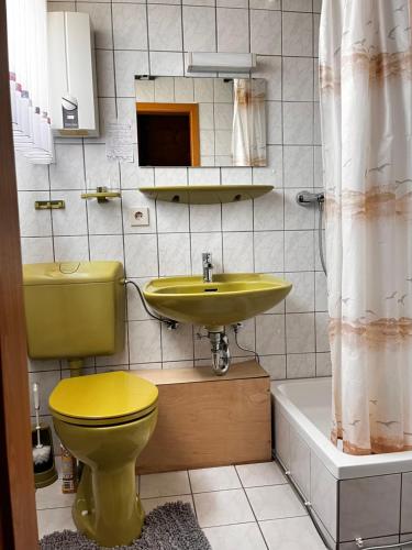a bathroom with a yellow toilet and a sink at Gemütliches Ferienhaus mit sonniger Terrasse Frankenwald nähe Badesee Smart-TV in Lichtenberg