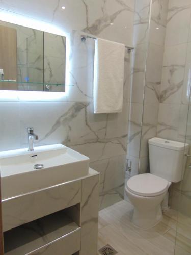 ein Badezimmer mit einem Waschbecken, einem WC und einem Spiegel in der Unterkunft Sweetmar Rooms-Ground floor in Kos-Stadt