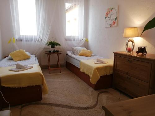 a bedroom with two beds and a dresser and two windows at Głębia in Dąbrówno