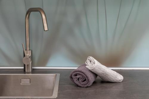 un asciugamano viola seduto accanto a un lavandino di Welcome in - Koekoeksbloemwei 90, Kortgene a Kortgene