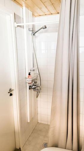 a shower with a shower curtain in a bathroom at Lovely studio in Leppävaara in Espoo