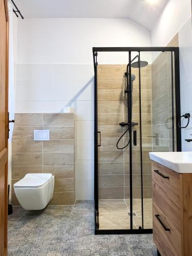 a bathroom with a shower with a toilet and a sink at Dwór Jeziory Wielkie in Jeziory Wielkie