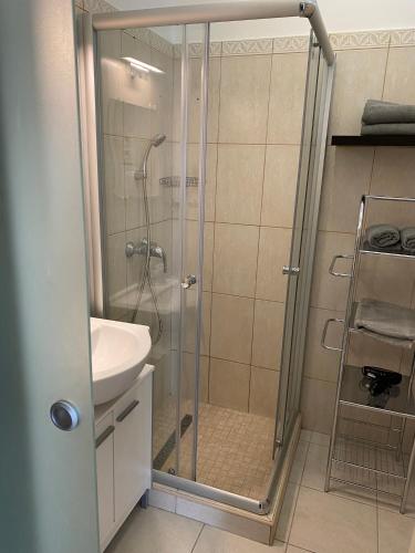 uma casa de banho com um chuveiro e um lavatório. em Peter Apartman em Szeged