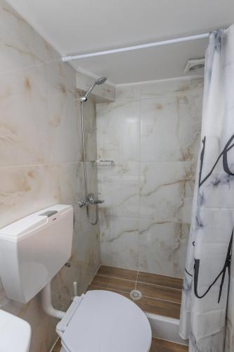 a bathroom with a white toilet and a shower at Casa Lefteritsa in Corfu