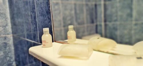 ein Badezimmer mit zwei Flaschen Seife auf einem Waschbecken in der Unterkunft FKK Ada Bojana in Ulcinj