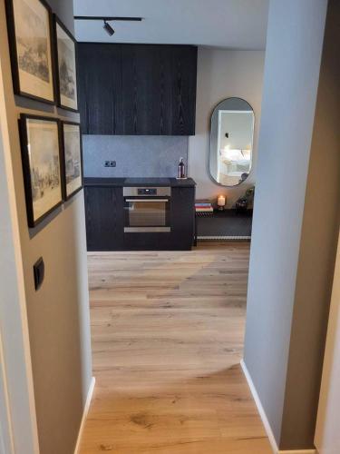 una cucina con pavimenti in legno e una cucina con uno specchio di Astro Hverfisgata a Reykjavik