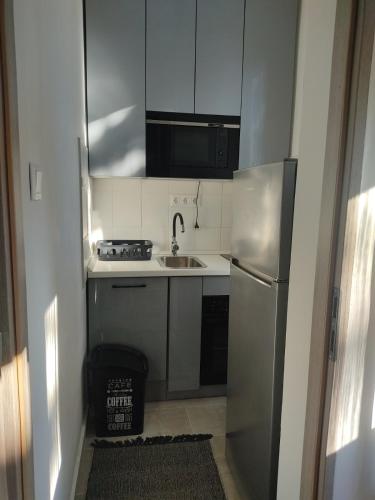 a small kitchen with a sink and a refrigerator at Love Lair Apartman in Miskolc