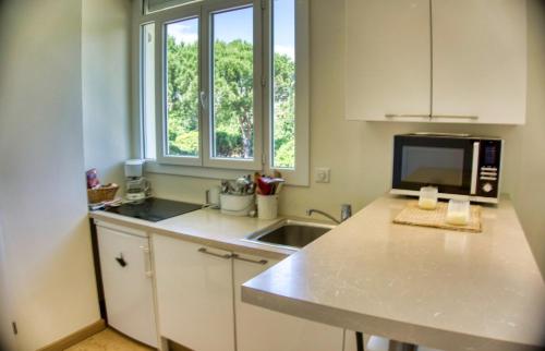 une cuisine avec un évier et un micro-ondes dans l'établissement Cannes charming studio 50 meters from the beach !!, à Cannes
