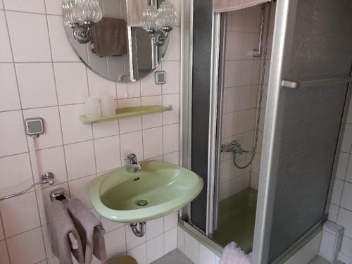La salle de bains est pourvue d'un lavabo vert et d'une douche. dans l'établissement Alpenblick, à Eppenschlag