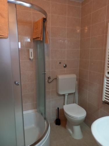 een badkamer met een douche, een toilet en een wastafel bij Rooms Sobe ZG in Zagreb