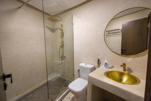 La salle de bains est pourvue de toilettes, d'un lavabo et d'un miroir. dans l'établissement Bhalil Farm House, à Séfrou