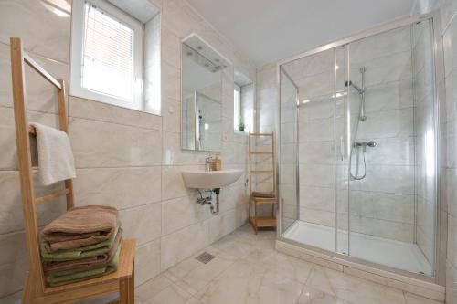 a bathroom with a shower and a sink at Apartments Julian Experience in Rateče