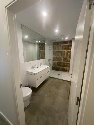 uma casa de banho com um WC, um lavatório e um espelho. em Corazón casco viejo em Vigo