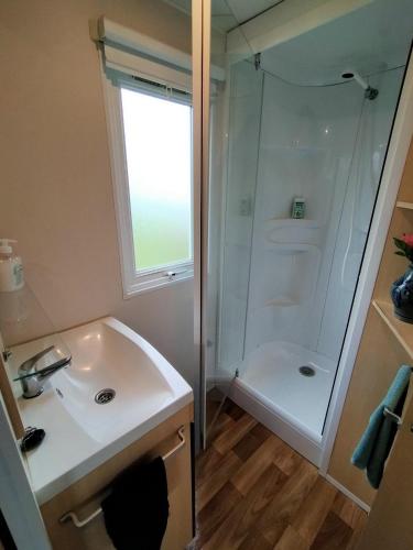 a bathroom with a shower and a sink and a shower at Mobilhome in Boofzheim