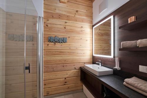 Johnsbach的住宿－Xeis Natur Apartments，一间带水槽和淋浴的浴室