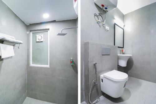 two pictures of a bathroom with a toilet and a shower at Townhouse Noida Sector 71 Near ISKCON Temple Noida in Indirapuram
