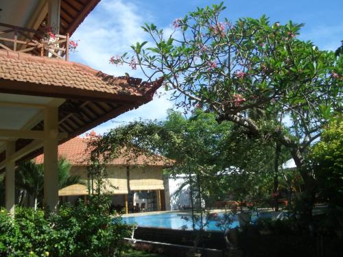 a pool in front of a building with a tree at Villa Jaya in Lovina