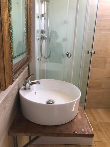 ein Badezimmer mit einem weißen Waschbecken und einer Dusche in der Unterkunft Sandilos in Sorso