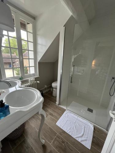 a white bathroom with a shower and a sink at La Framboisière - Maison Blanche Sologne in Isdes