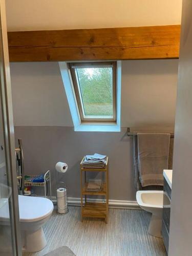 une salle de bain avec toilettes, lavabo et fenêtre dans l'établissement Concombre Cottage, à Le Grais