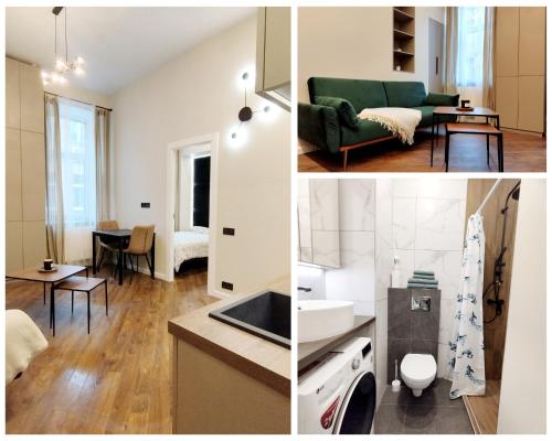 eine Küche und ein Wohnzimmer mit einem grünen Sofa in der Unterkunft Stylish Central Station Apart & FREE PARKING in Vilnius