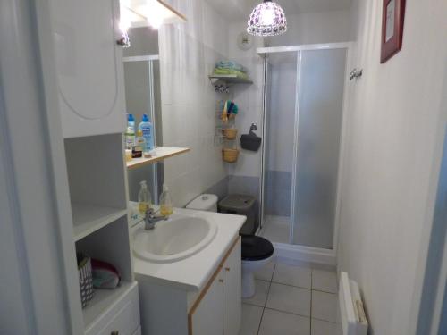 une salle de bain blanche avec une douche et un lavabo dans l'établissement Pavillon T2 Mezzanine, piscine, Mer Indigo, St Pierre la Mer, à Saint Pierre La Mer