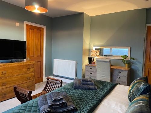 a bedroom with a bed and a dresser and a television at New Wiggle Farmhouse in Millbrook