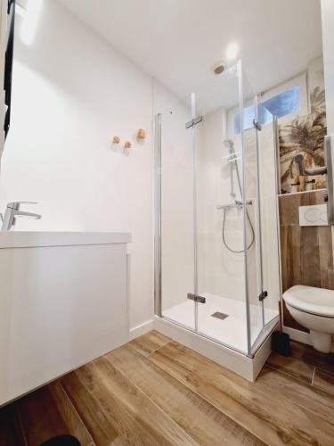 La salle de bains est pourvue d'une douche et de toilettes. dans l'établissement Hôtel Caravelle Contact Hôtel, à Rochefort