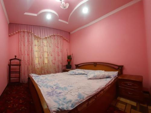 a bedroom with a bed and a pink wall at JANS дача in Chimgan