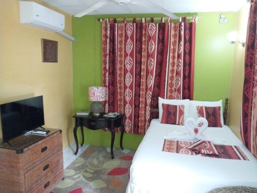 a bedroom with a bed and a tv and curtains at 11 Glenhope Avenue in Kingston