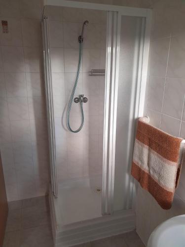 a bathroom with a shower with a glass door at Penzion Pohoda in Jetřichovice