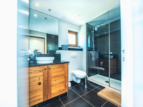 une salle de bain avec un lavabo, des toilettes et une douche dans l'établissement Appartement rénové avec balcon, skis aux pieds, WIFI à Tignes Le Lavachet - FR-1-502-359, à Tignes
