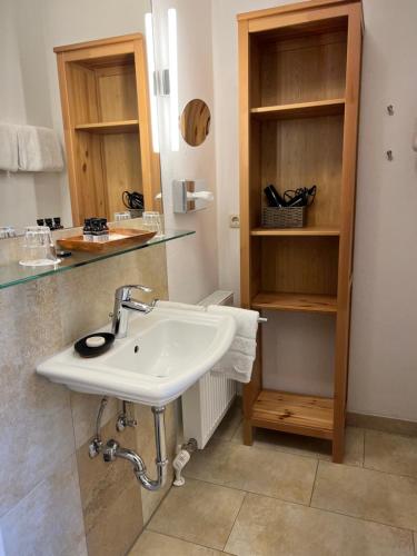 a bathroom with a white sink and a shelf at Aparthotel Parsberg LFerstl in Parsberg