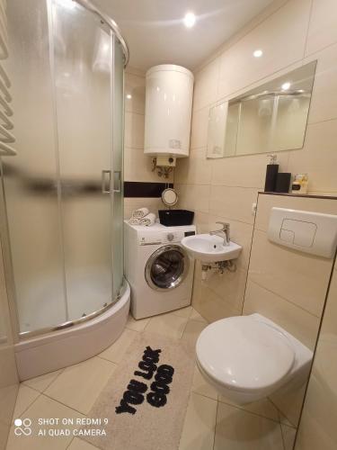 a bathroom with a shower and a toilet and a sink at Apartament boBoski in Wadowice