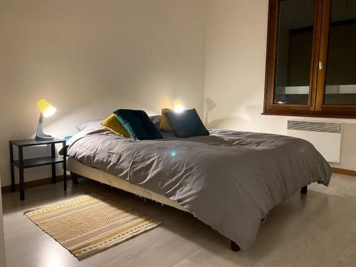 安納馬斯的住宿－Vaste et lumineux T2，一间卧室配有一张床和一个带灯的床头柜