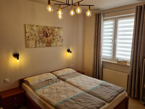 um quarto com uma cama, uma janela e luzes em Golden Sand em Międzyzdroje